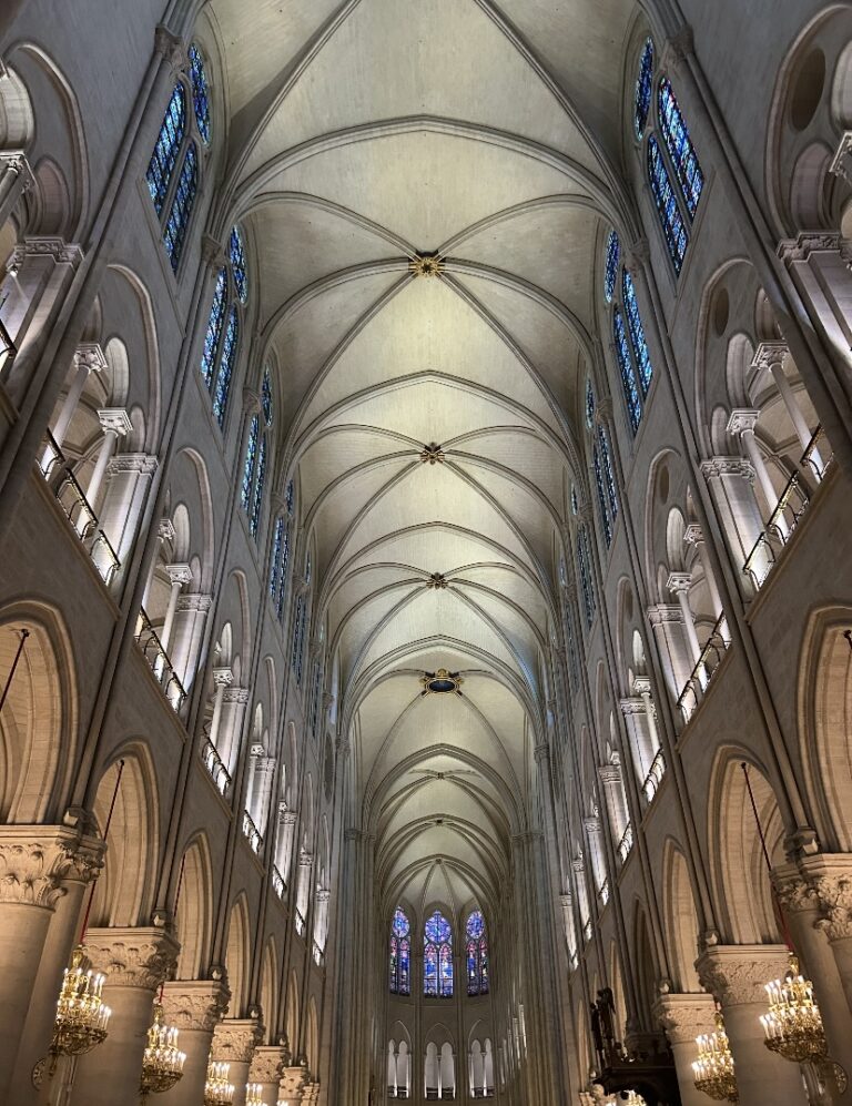inside ceiling of notre dame cathedral in paris