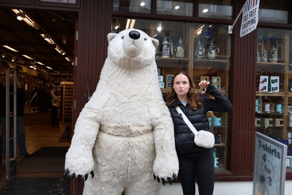 Morgan infront of the Reykjavik Bear in Iceland